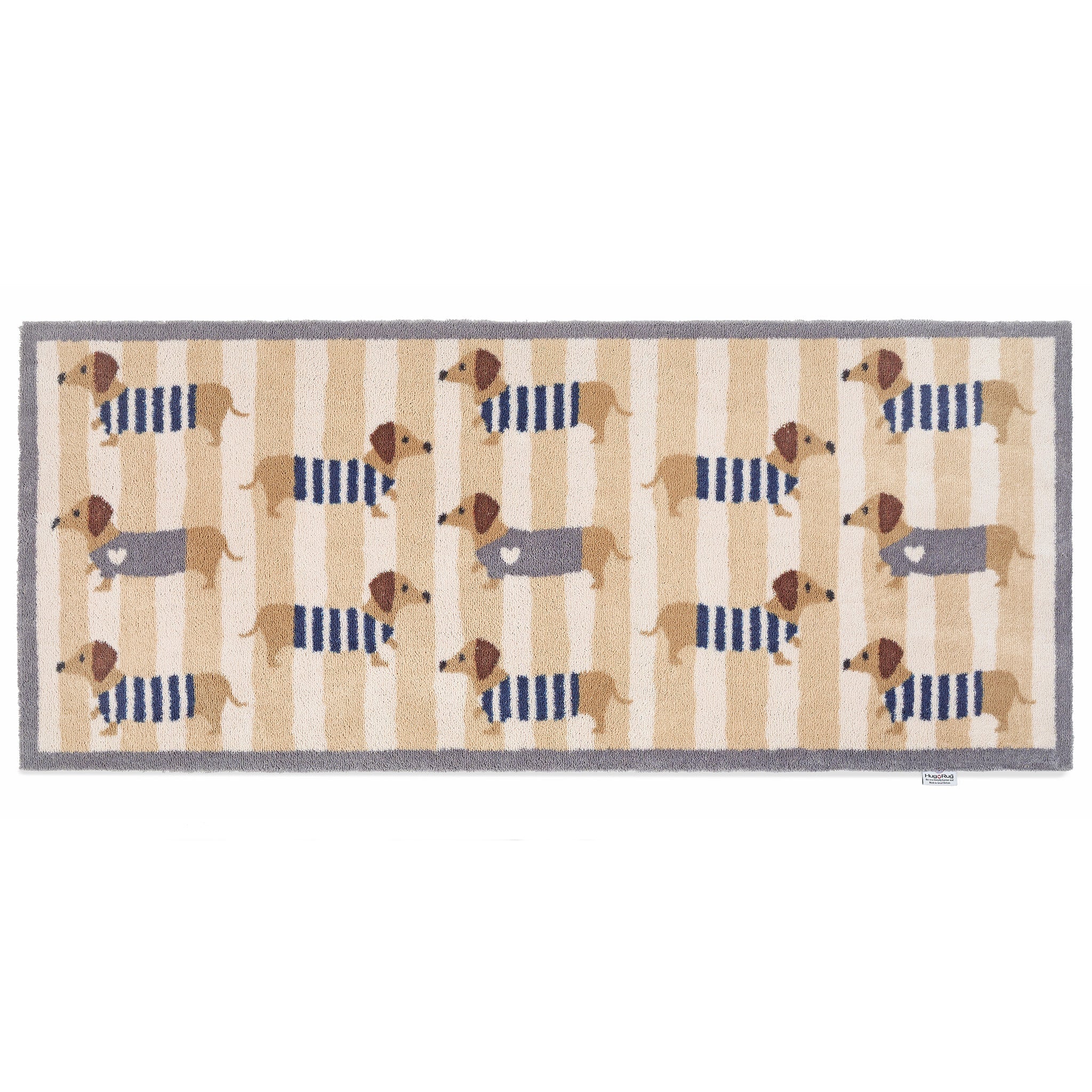 Hug Rug Sausage Dog Chic runner with cream and beige striped background

