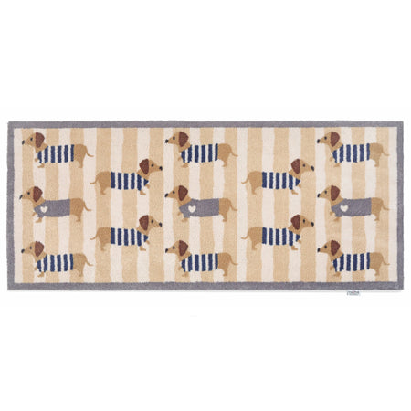 Hug Rug Sausage Dog Chic runner with cream and beige striped background

