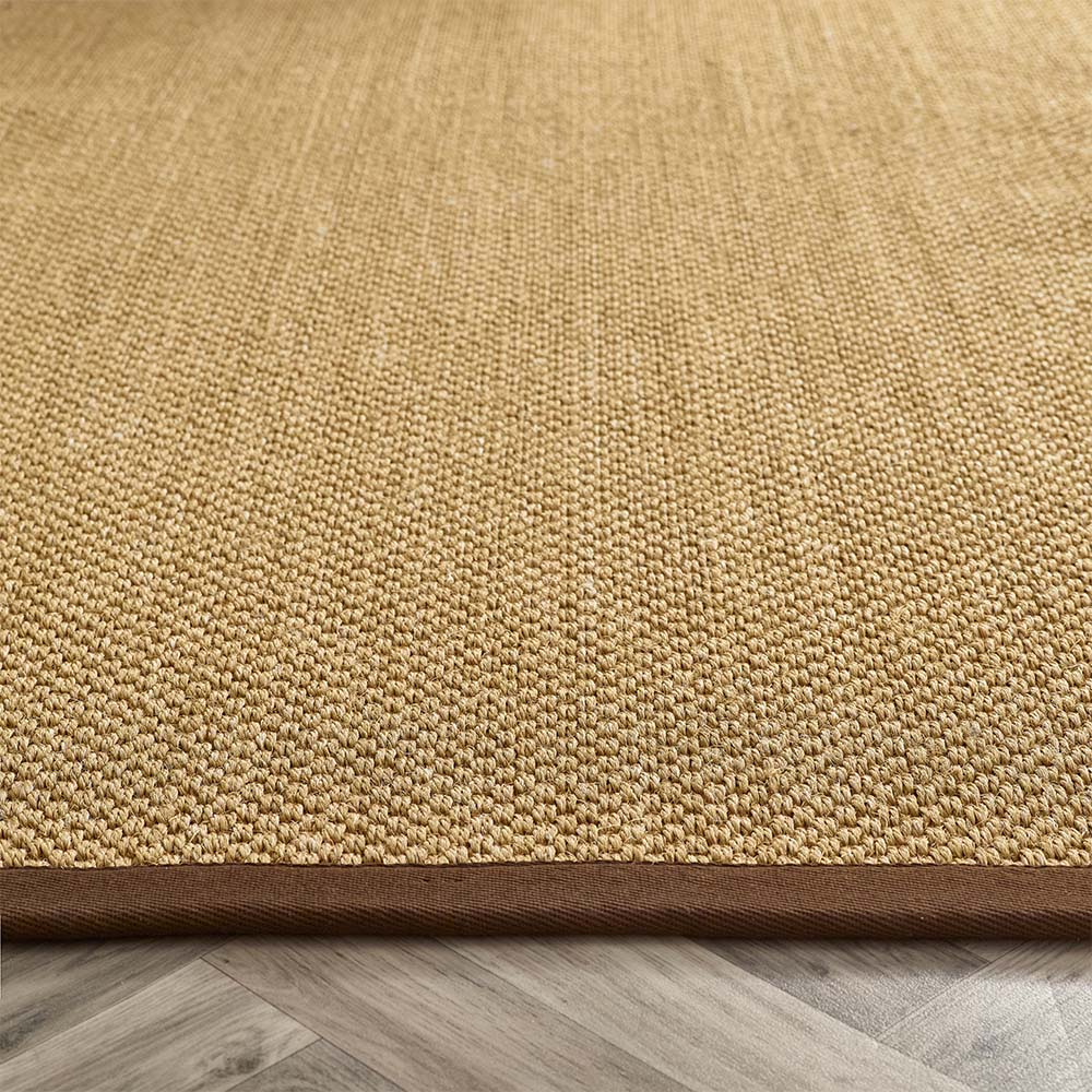 Close-up of a textured beige rug with a brown border on a wooden floor.