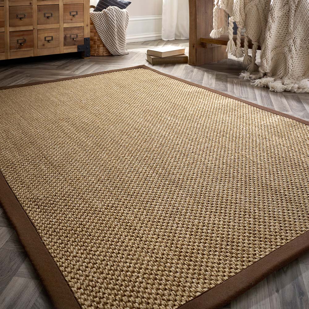 Origins Sisal Rug Natural with Dark Brown Border in living room