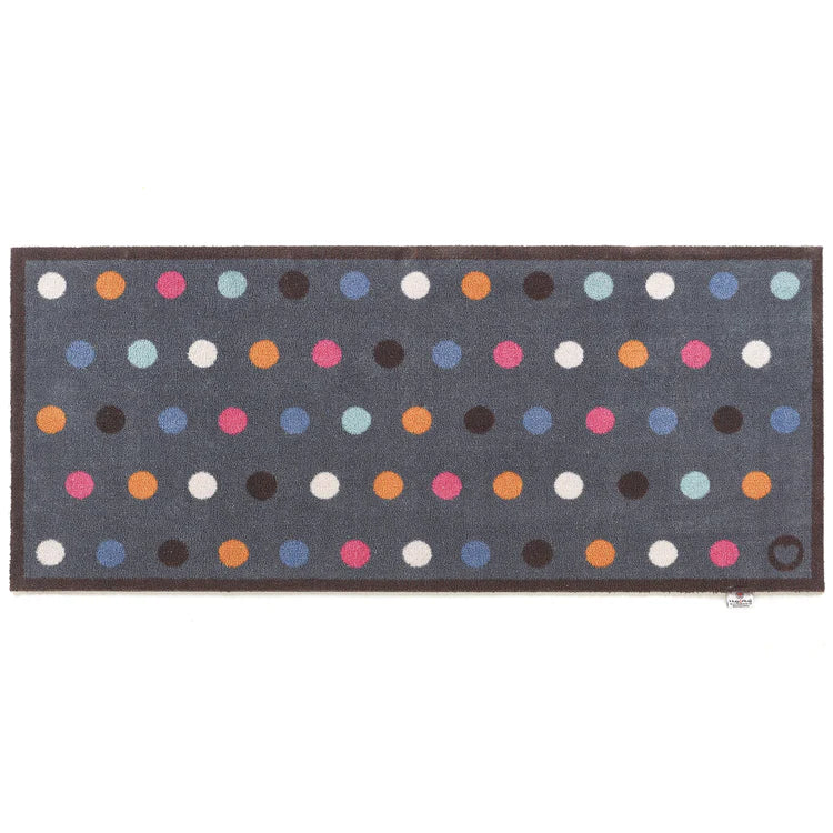 Hug Rug Modern Spot 12 runner with multicolour spots on blue

