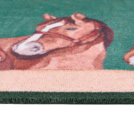 Close-up of Hug Rug horse and rustic design

