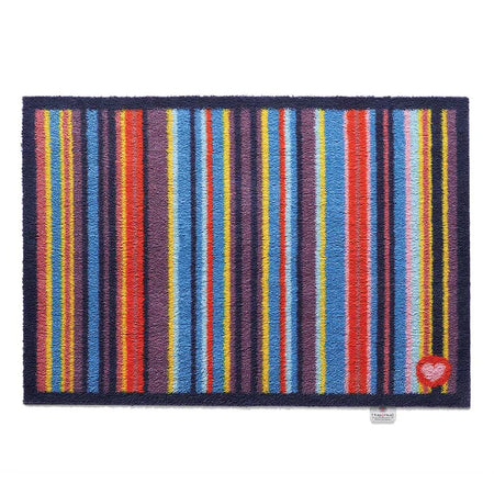 Hug Rug Stripe 85 with vertical colourful stripes and navy border

