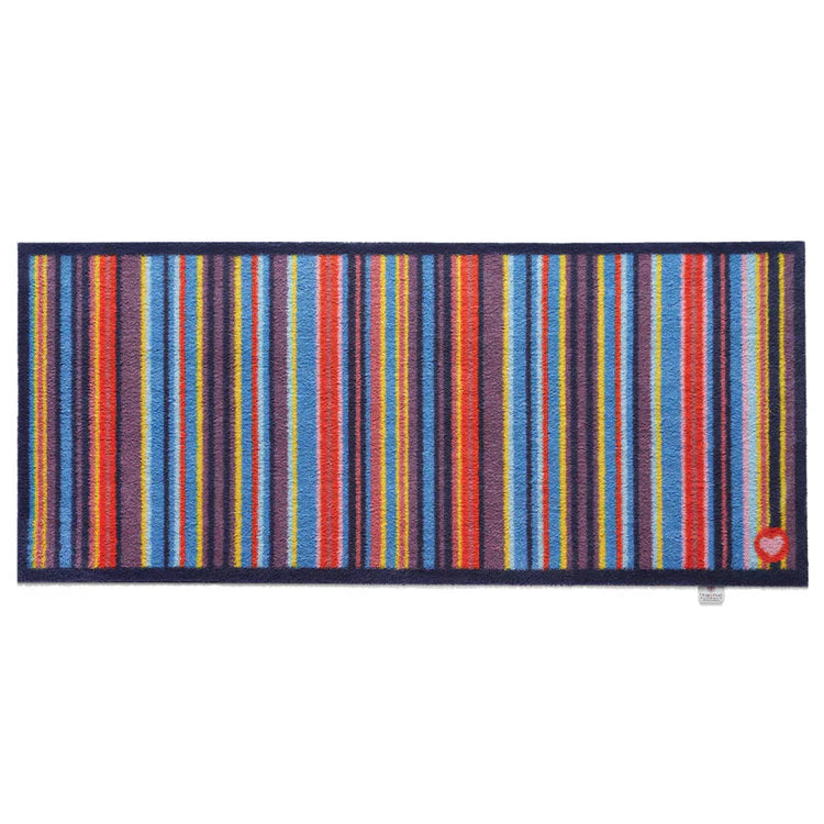 Rectangular runner with colorful striped pattern on a white background