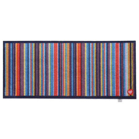 Rectangular runner with colorful striped pattern on a white background
