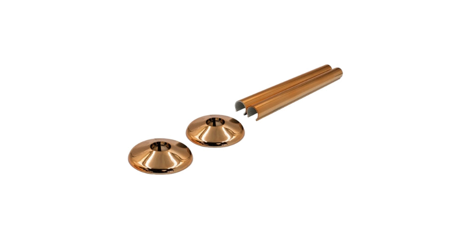 Talon Snappit Rose Gold Cover fitted over 15mm radiator pipe with matching rose gold collar for a modern, elegant finish