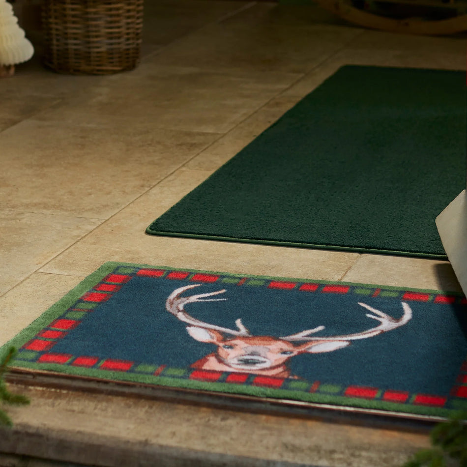 Close-up of Hug Rug stag and tartan design

