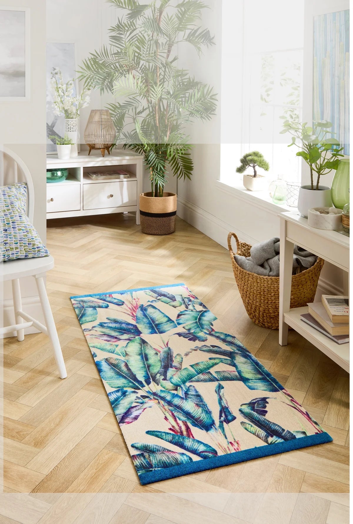 Pastel Palms Coir Doormat placed at a stylish wide front entrance – Perfect for patios, conservatories, and double doors