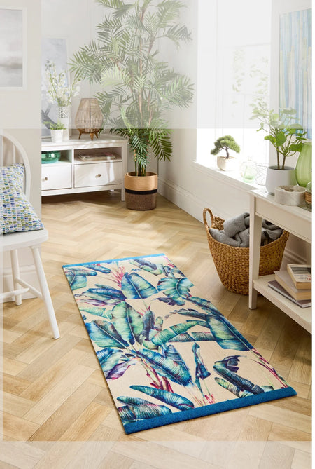 Pastel Palms Coir Doormat placed at a stylish wide front entrance – Perfect for patios, conservatories, and double doors