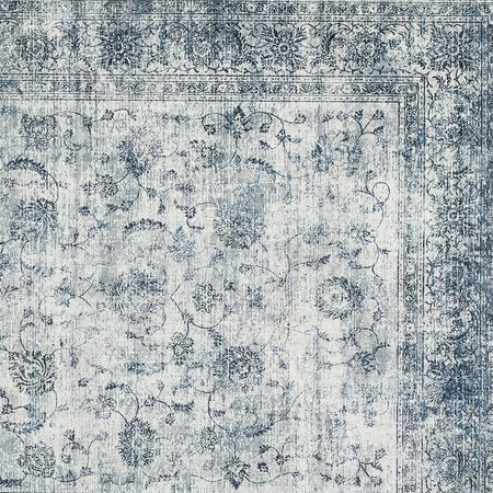 Vintage-style rug with intricate patterns in blue and gray tones.