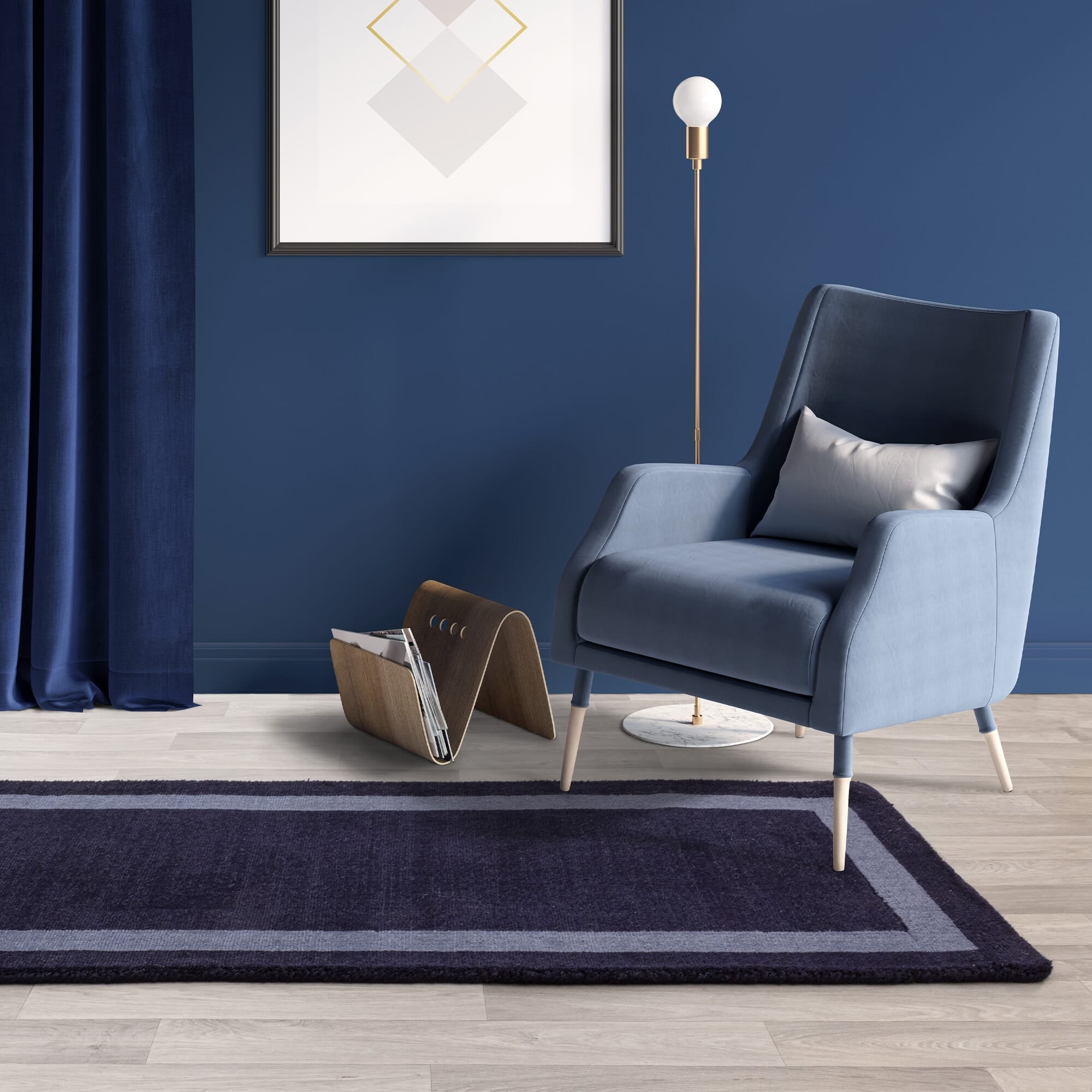 Navy Albi runner styled in modern living room

