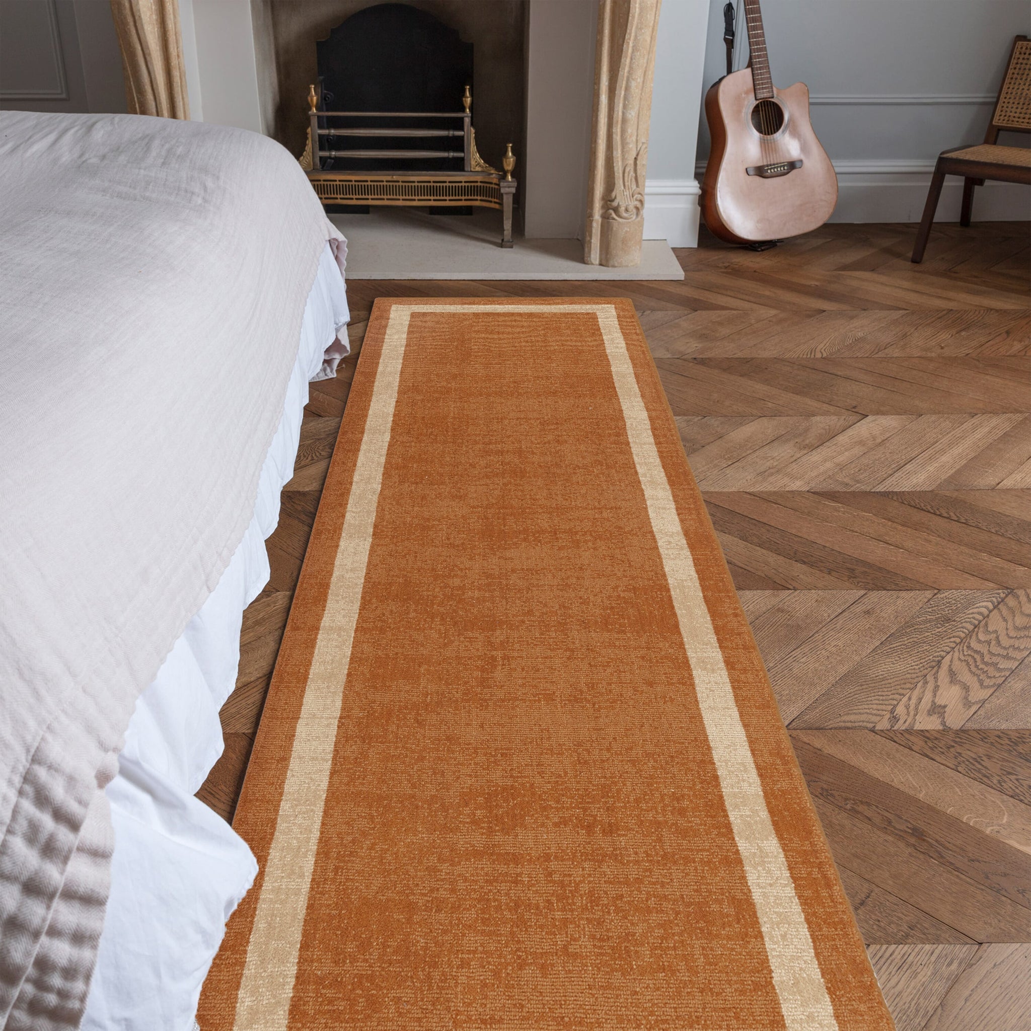 Orange hallway runner from Albi collection in bedroom