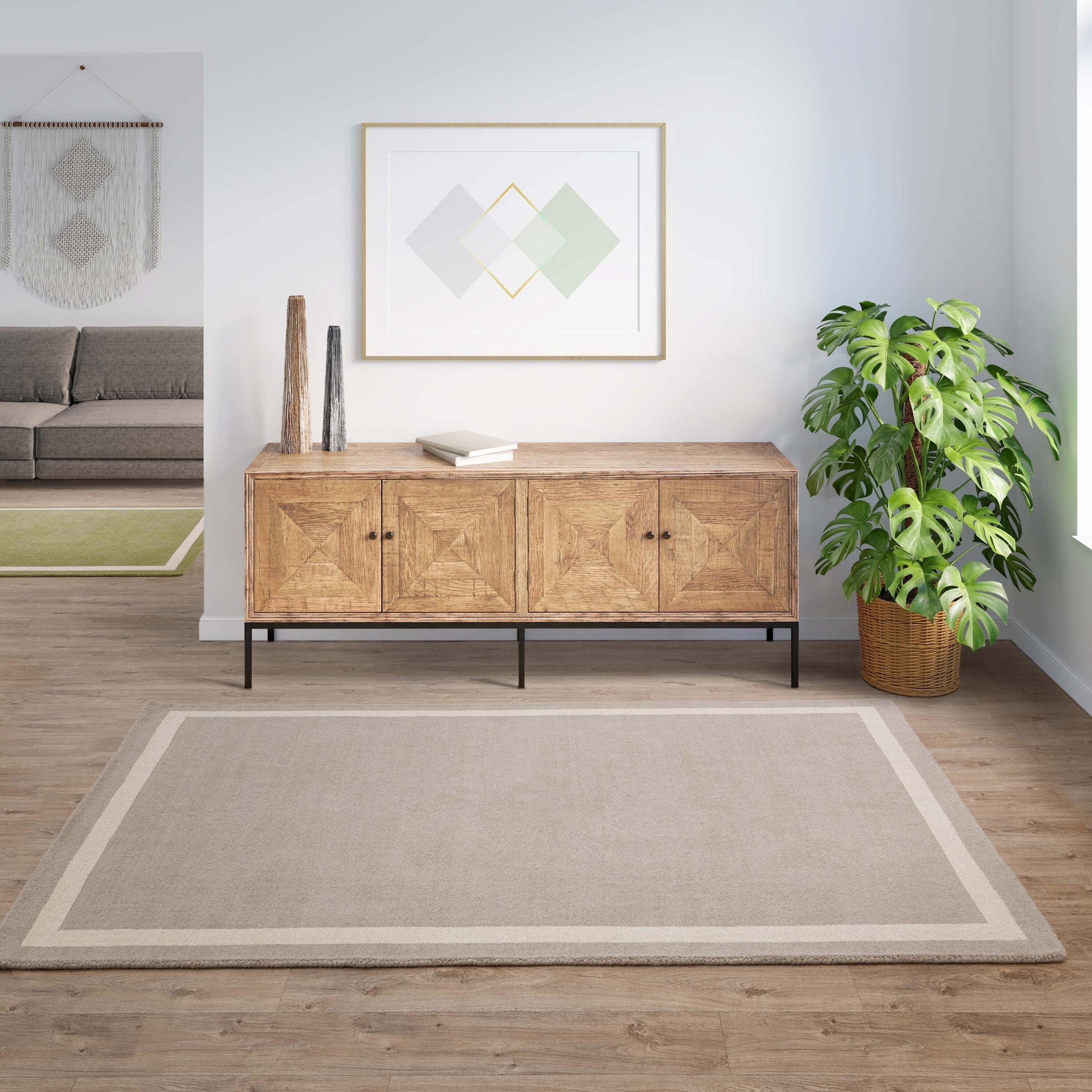 Handwoven wool rug styled in living room


