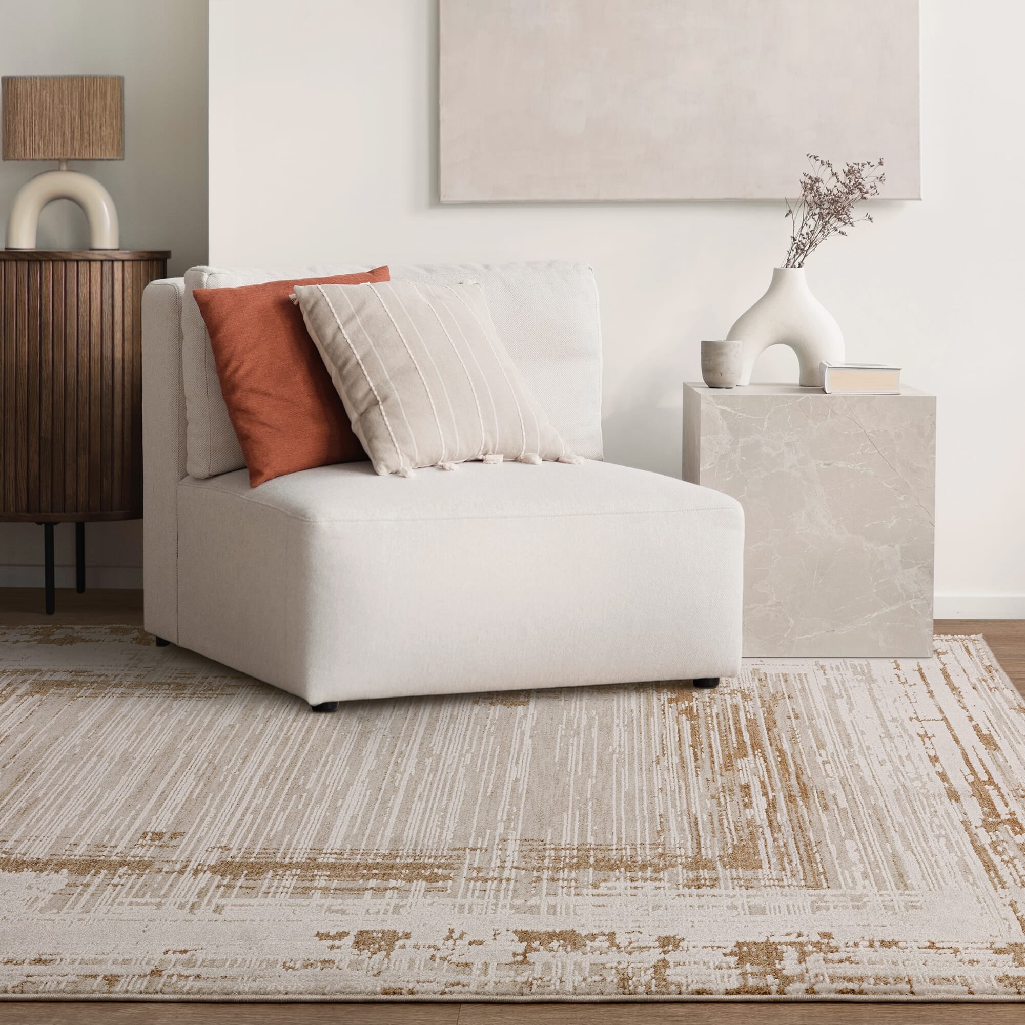 Anders AN05 rug styled in a neutral living room

