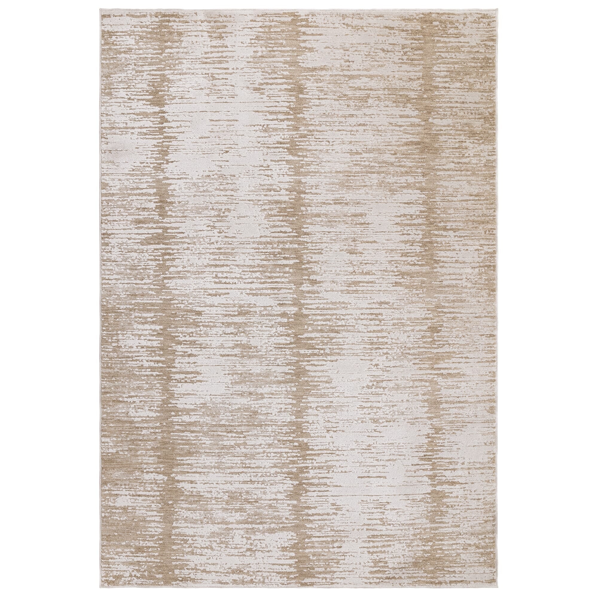 Beige and ivory rug styled in a neutral space

