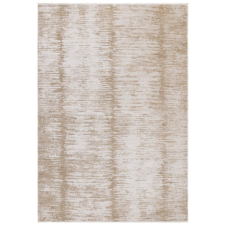 Beige and ivory rug styled in a neutral space

