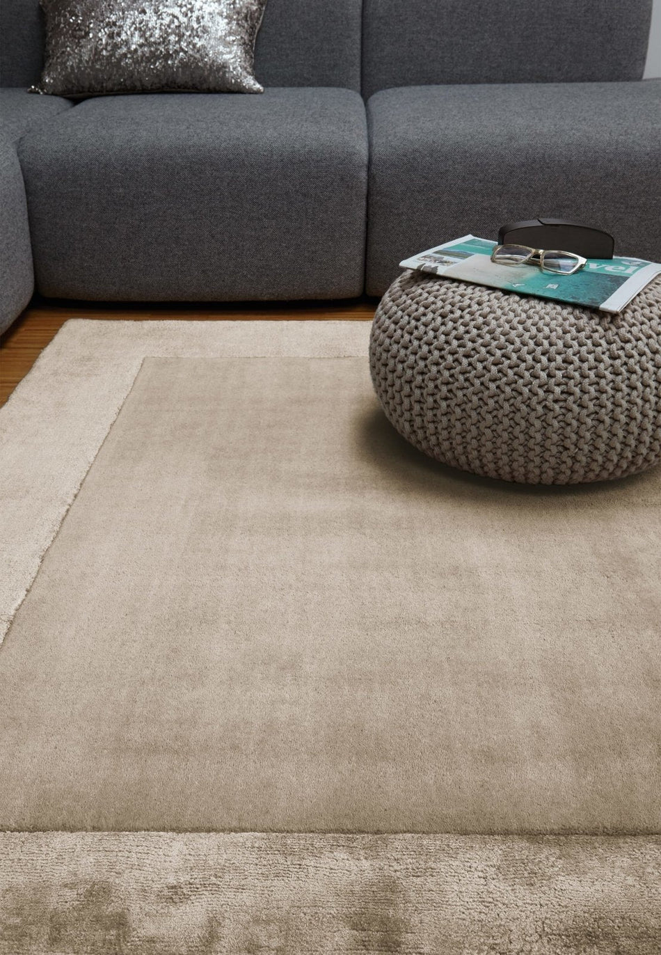 Beige border rug with viscose sheen

