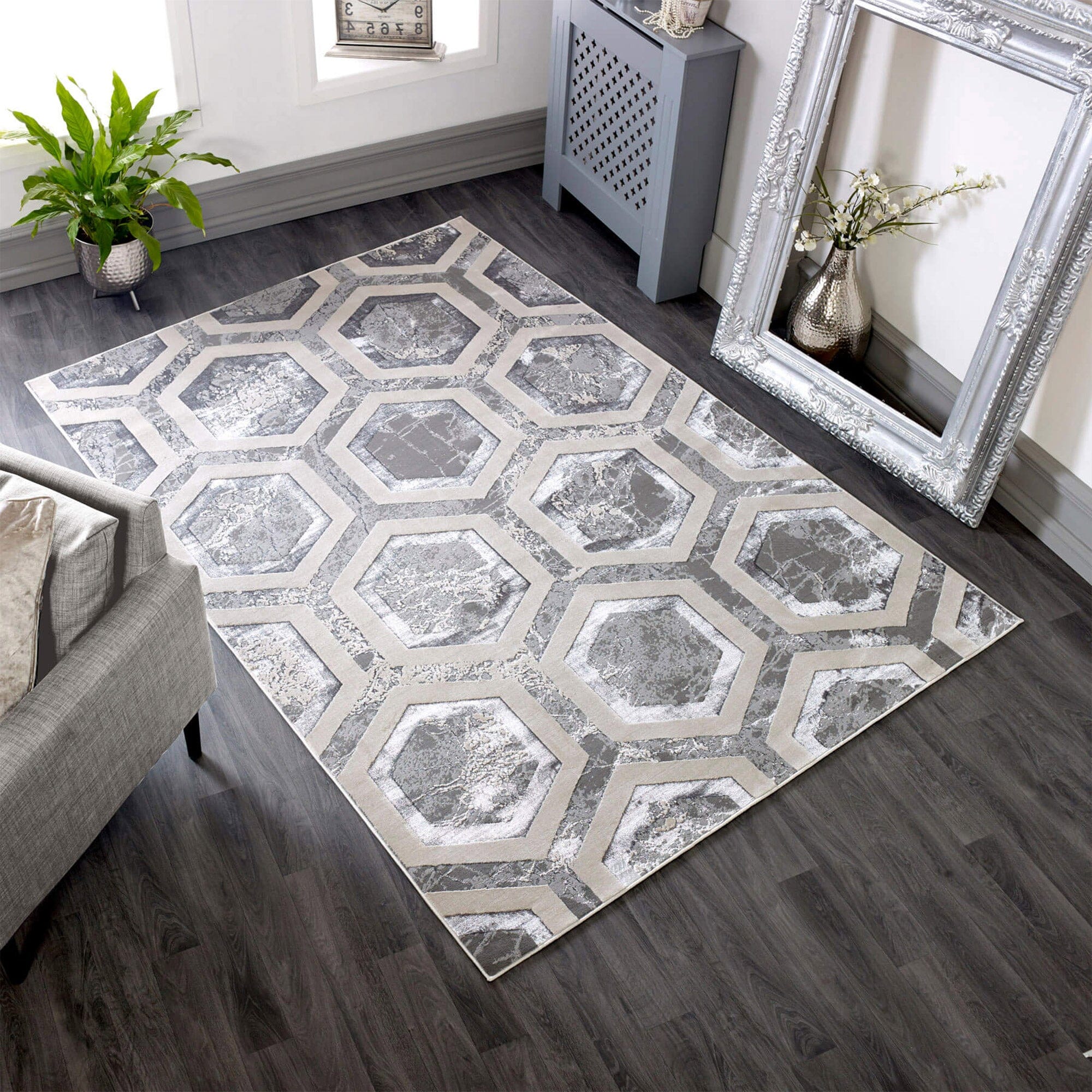 Crystal Metallic Silver Rug in modern interior

