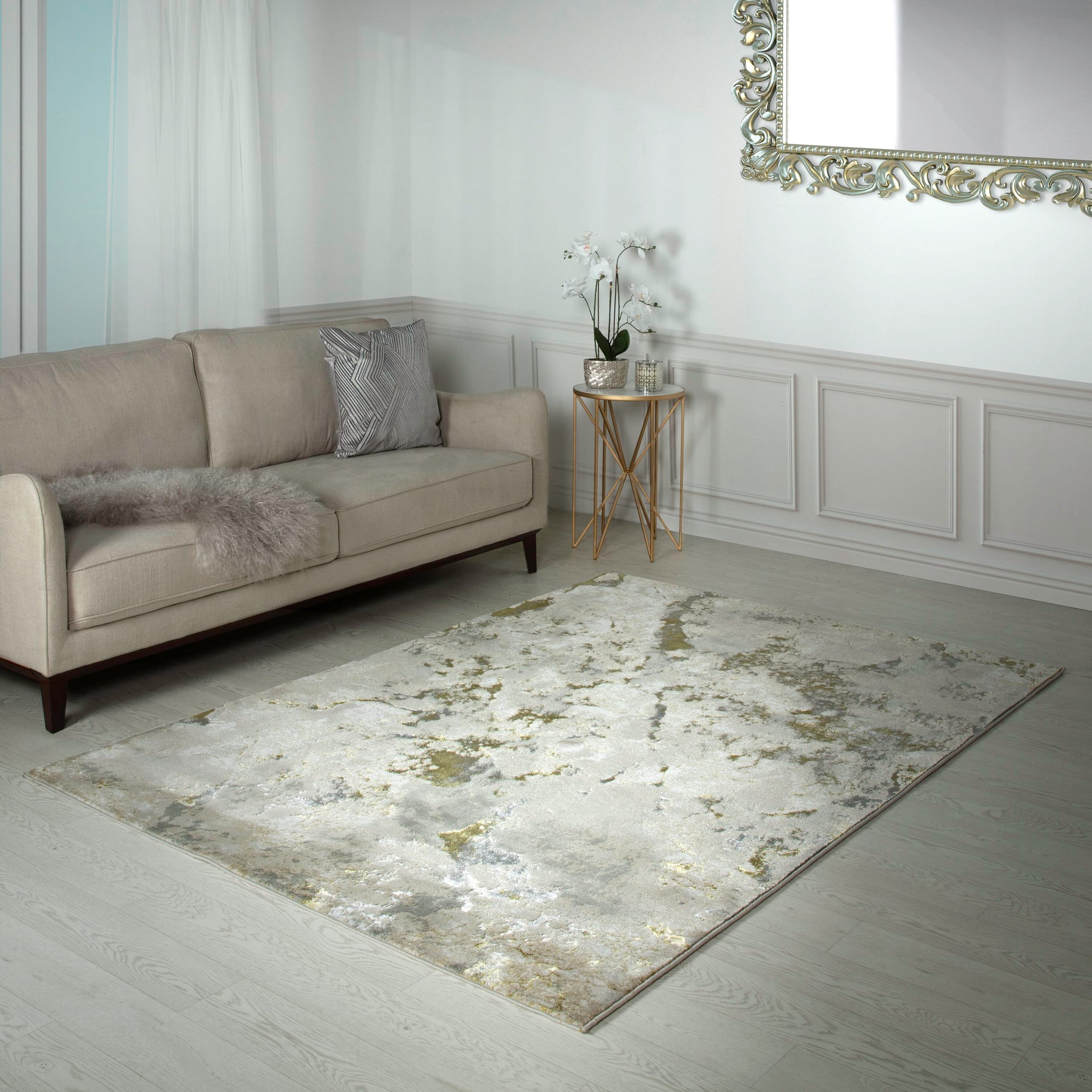 Galaxy Metallic Gold Rug in living room setting