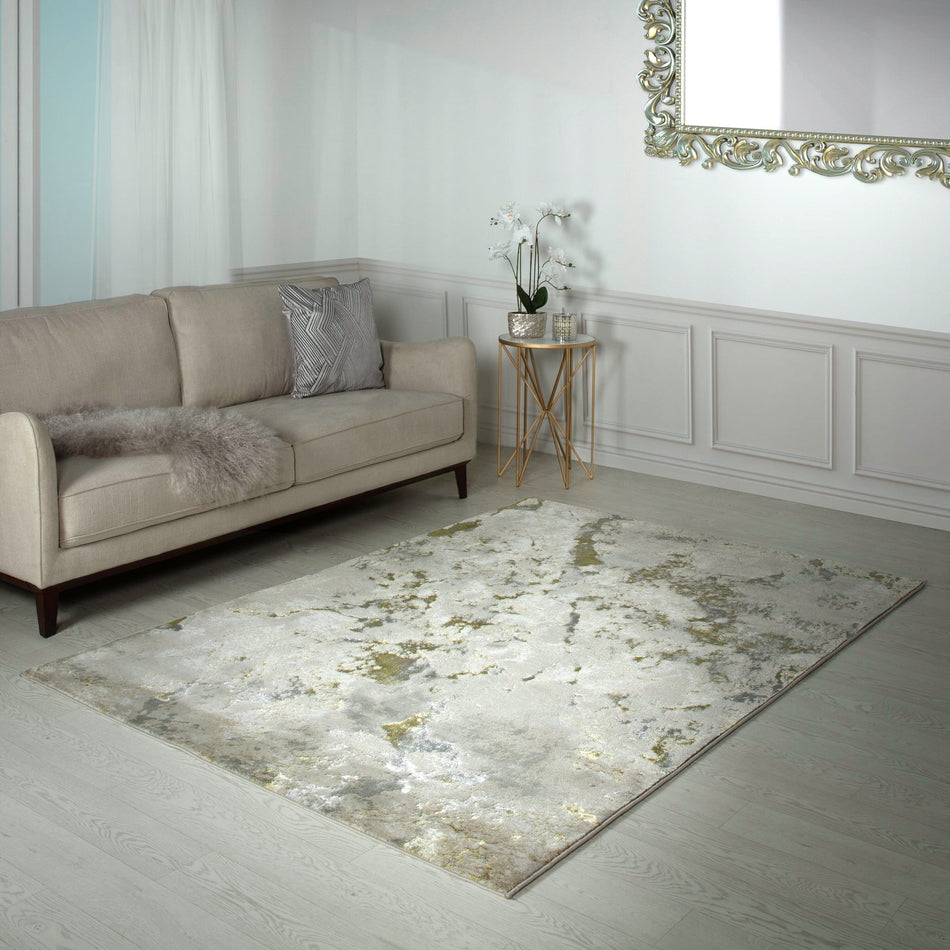 Galaxy Metallic Gold Rug in living room setting