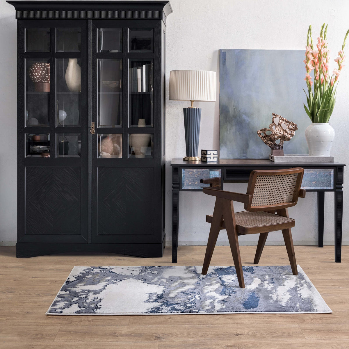 Aurora Storm Metallic Blue Rug AU20 in office living space