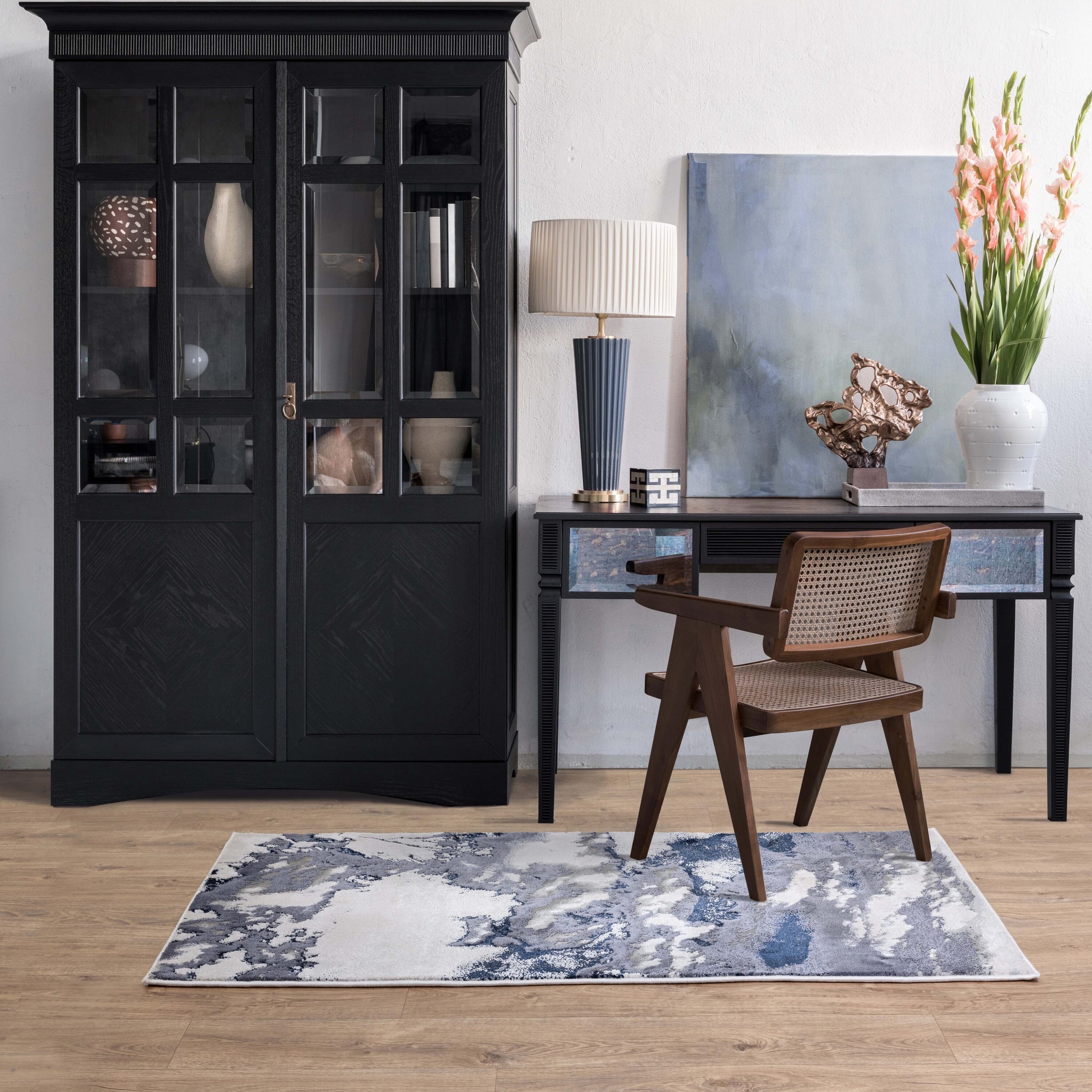Aurora Storm Metallic Blue Rug AU20 in office living space