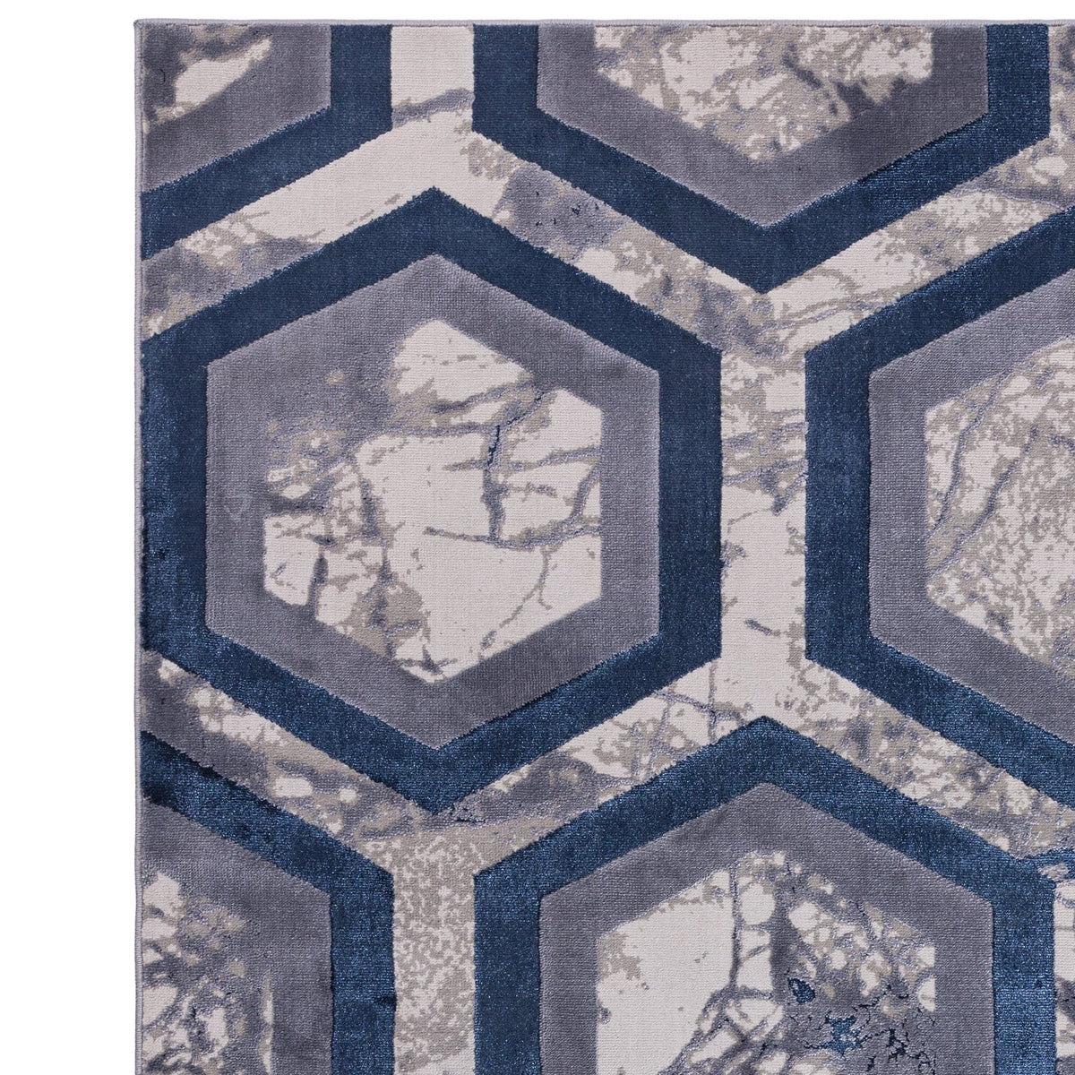 Machine woven metallic blue hexagon rug

