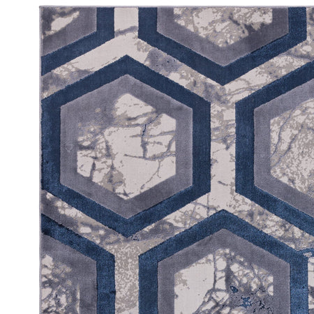 Machine woven metallic blue hexagon rug

