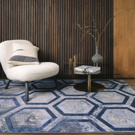 Hexagon Metallic Blue Rug in modern living room

