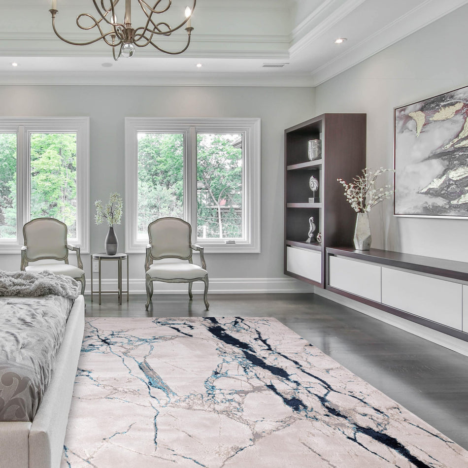 Quake Metallic Blue Rug in modern bedroom

