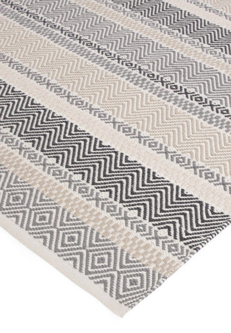 Grey and ivory stripe outdoor rug on patio

