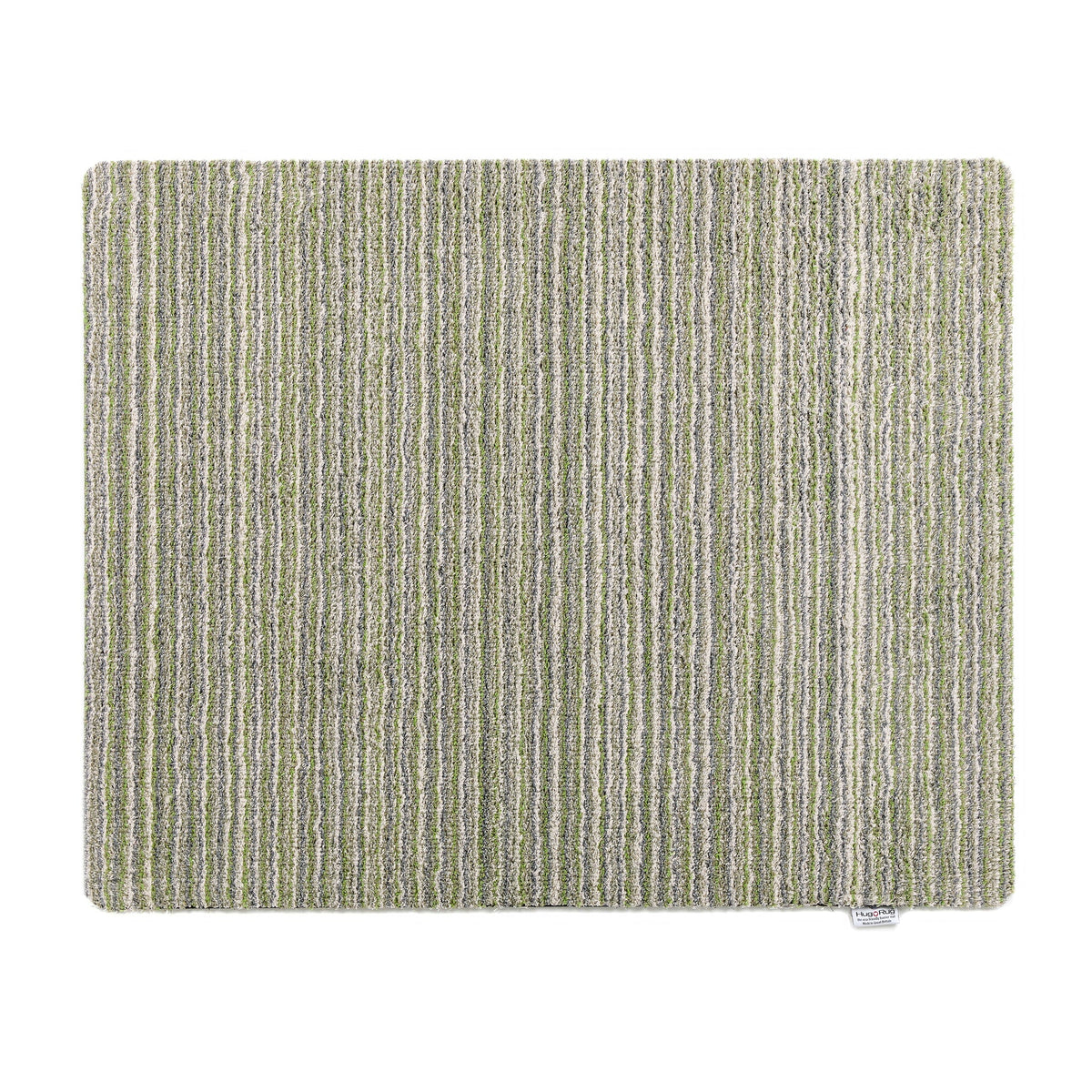 Rectangular green and beige striped rug on a white background