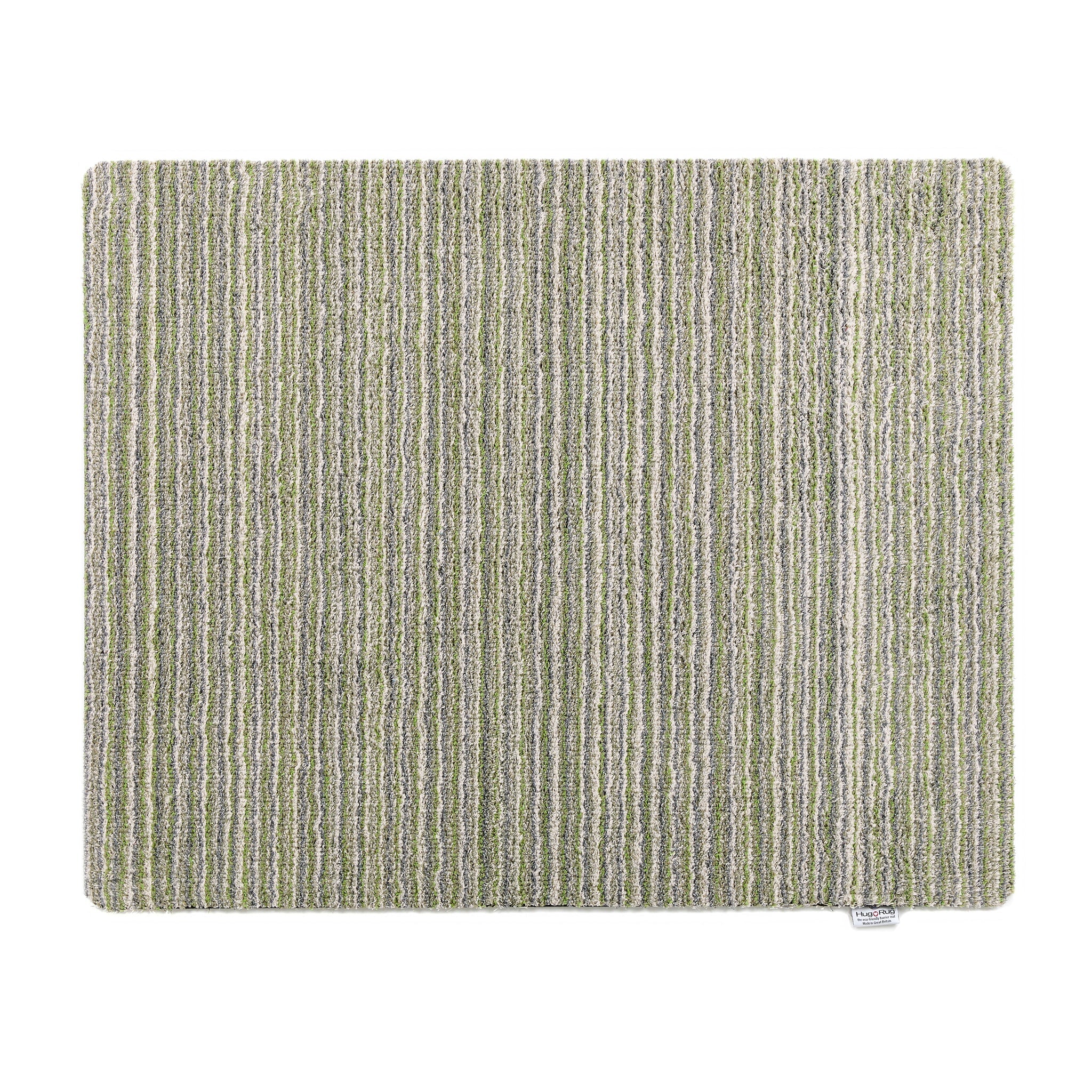 Rectangular green and beige striped rug on a white background