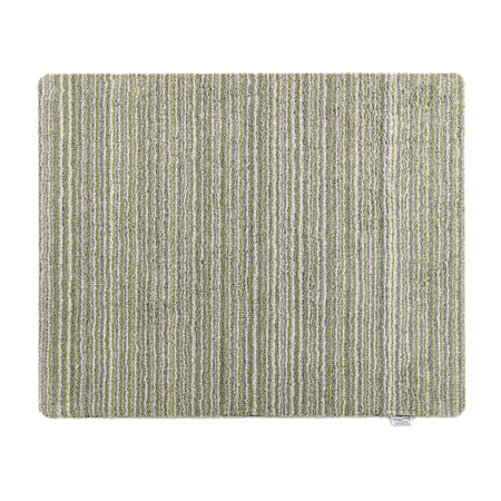 Rectangular green and beige striped rug on a white background