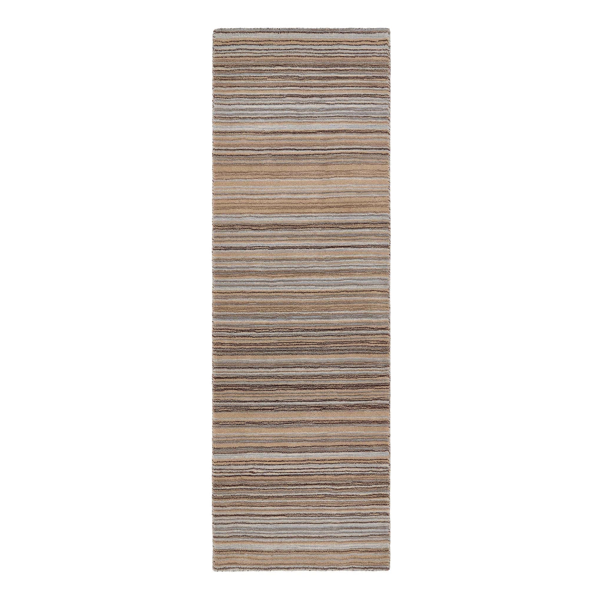Striped rug runner with brown and beige tones on a white background