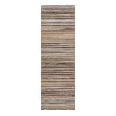 Striped rug runner with brown and beige tones on a white background