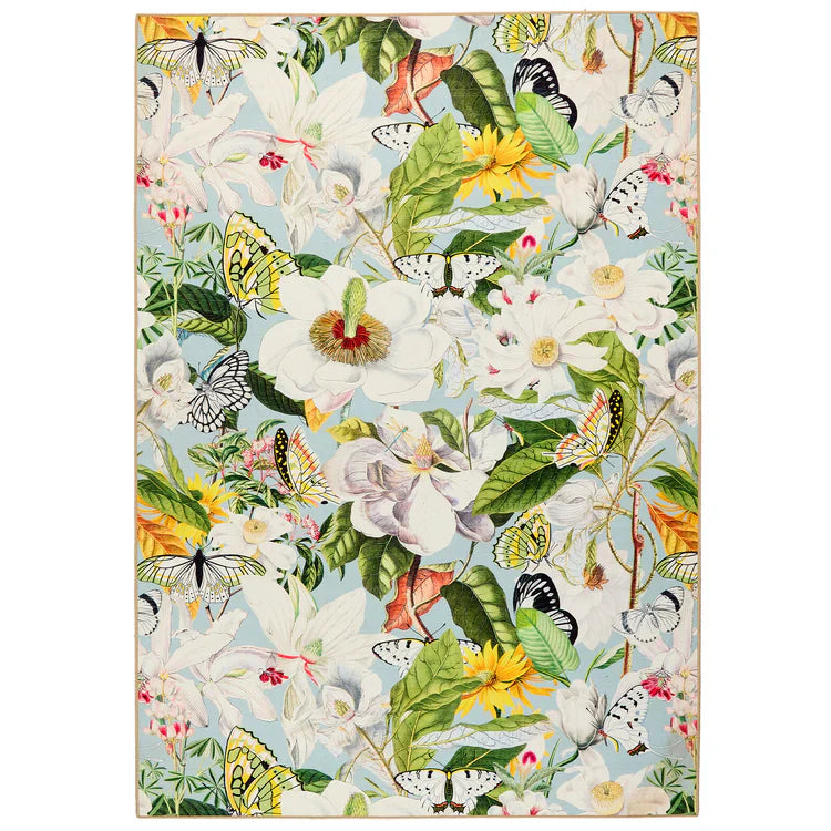 Hug Rug Butterfly Blooms Rug with blue background

