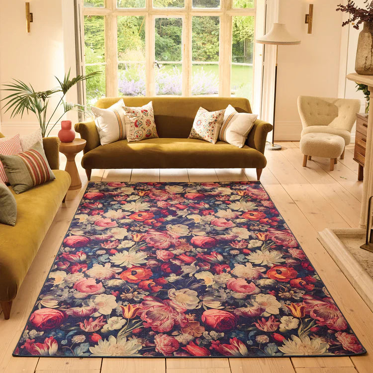 Vintage-inspired floral statement rug in rich colours

