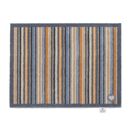 Hug Rug Stripe 86 doormat with grey, orange, cream and blue stripes

