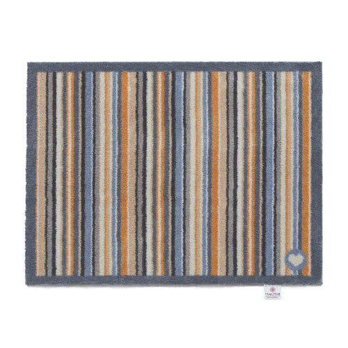 Hug Rug Stripe 86 doormat with grey, orange, cream and blue stripes

