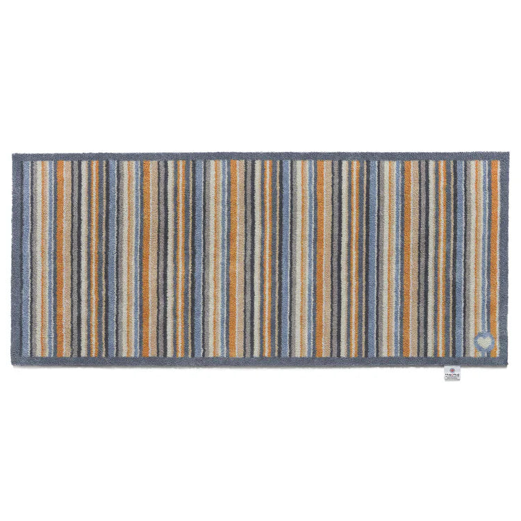 Hug Rug Stripe 86 runner with grey, orange, cream and blue stripes

