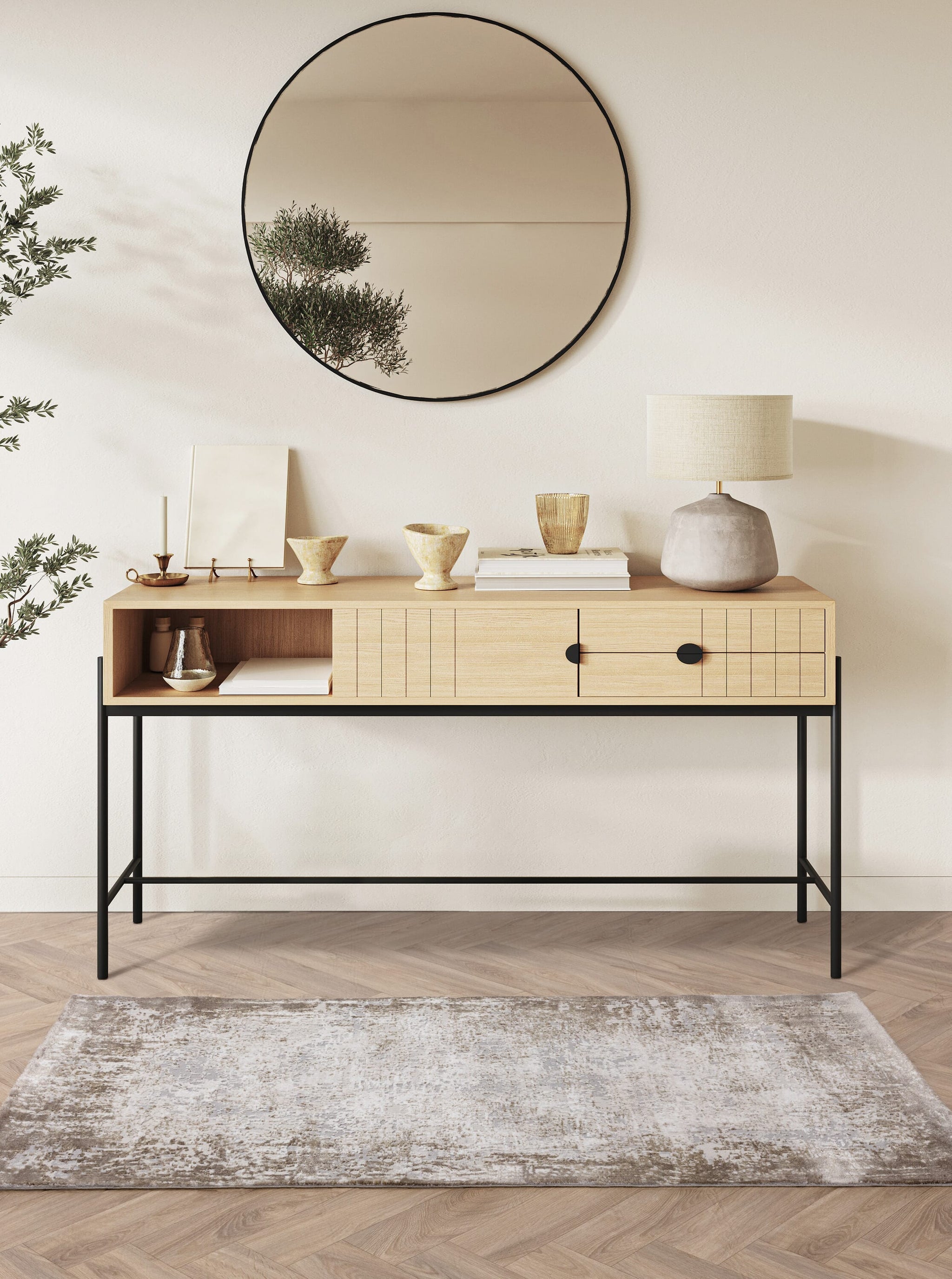 Beige rug styled in living space