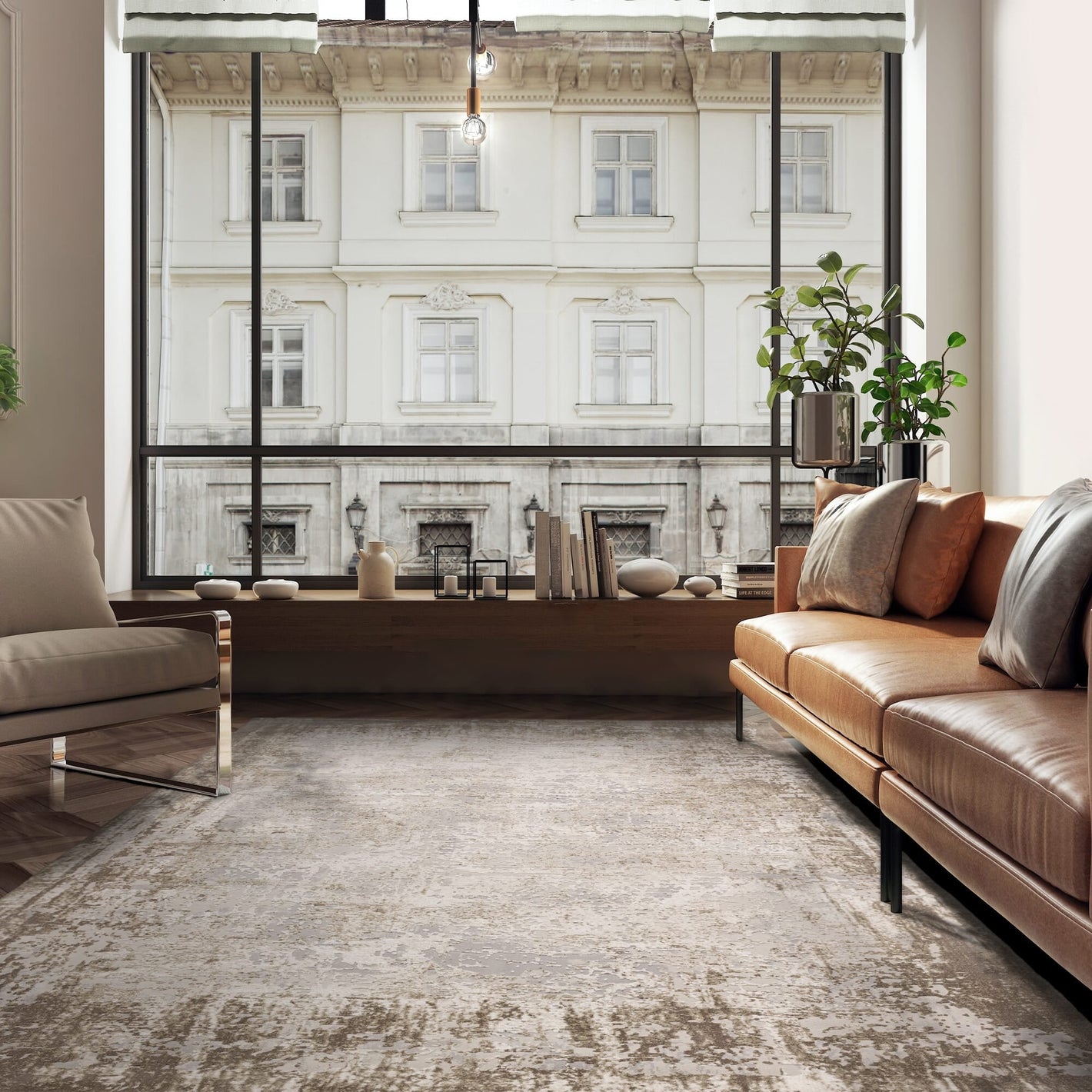 Beige rug styled in living space