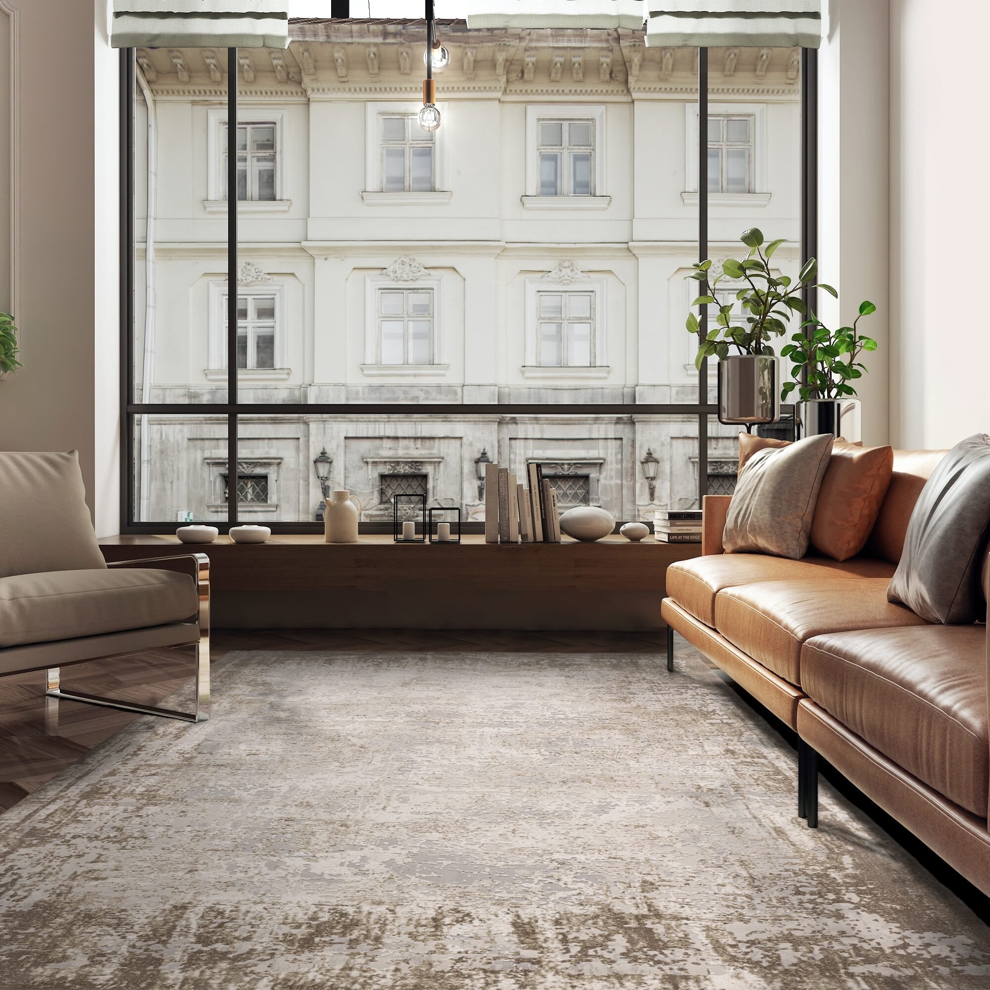 Beige rug styled in living space