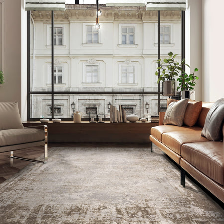 Beige rug styled in living space