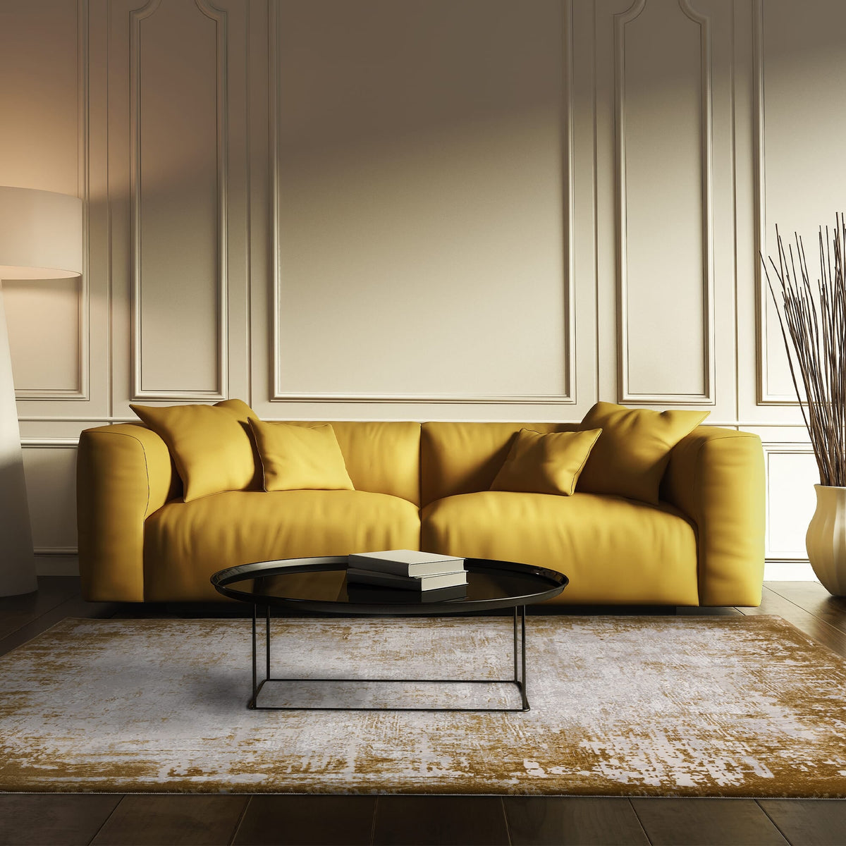 Kuza collection gold rug styled in living room