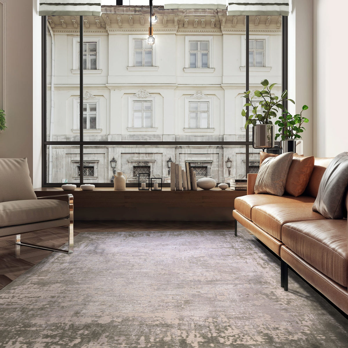Modern green rug with soft textured border


