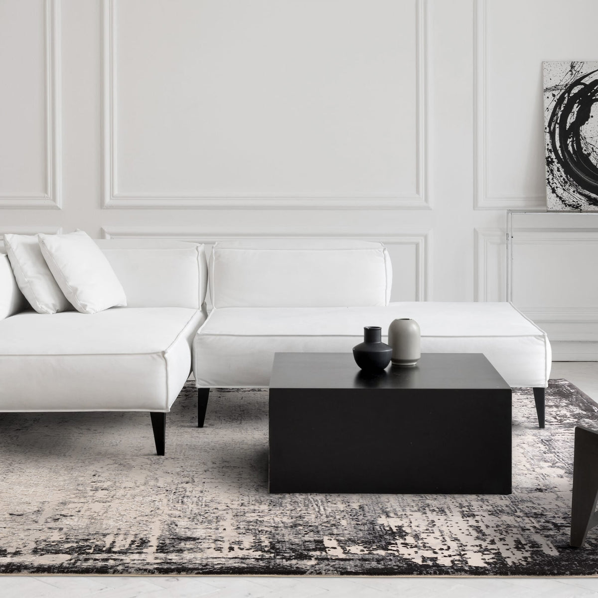 Kuza Border collection grey rug styled in living room