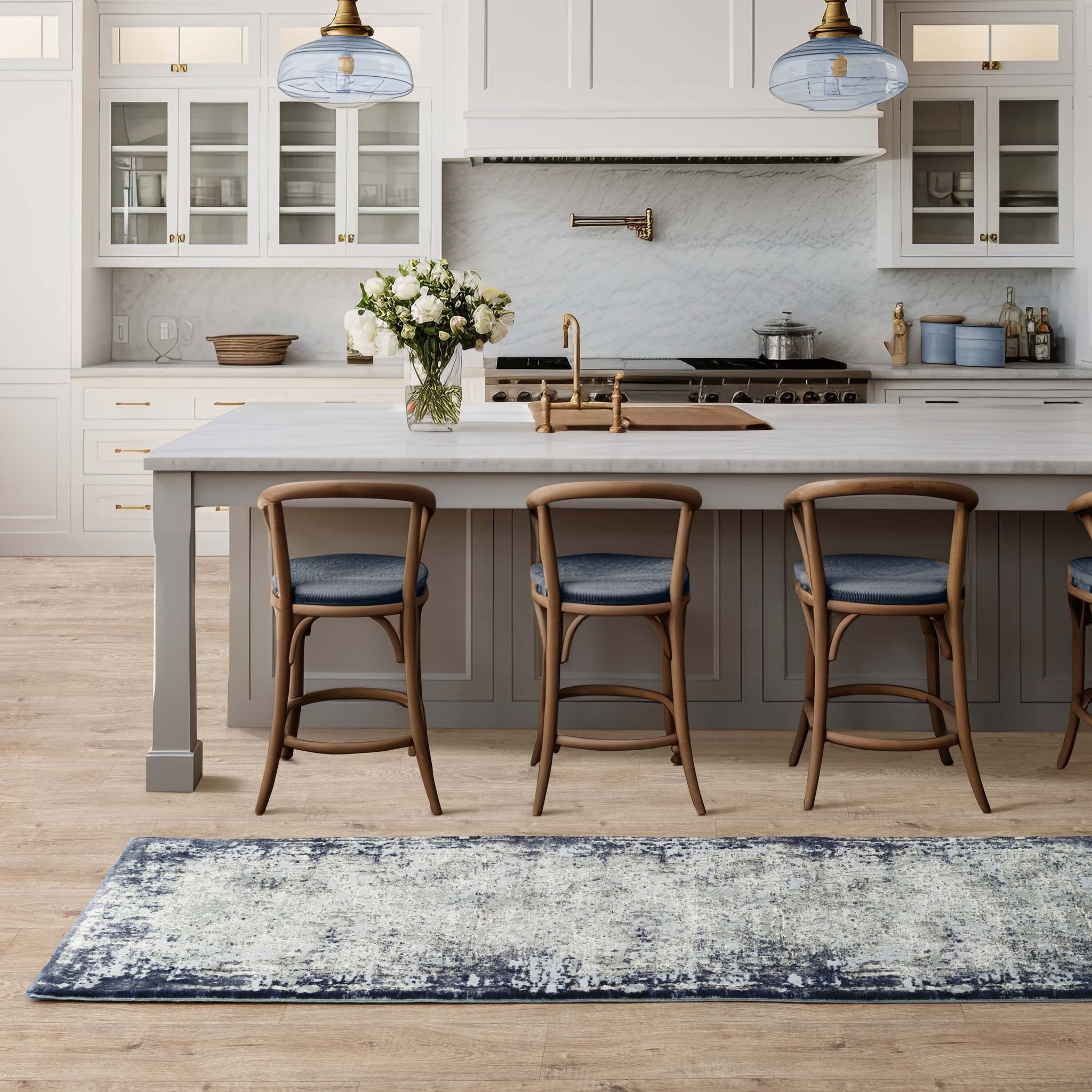 Asiatic Kuza Border Navy Runner size navy rug in kitchen