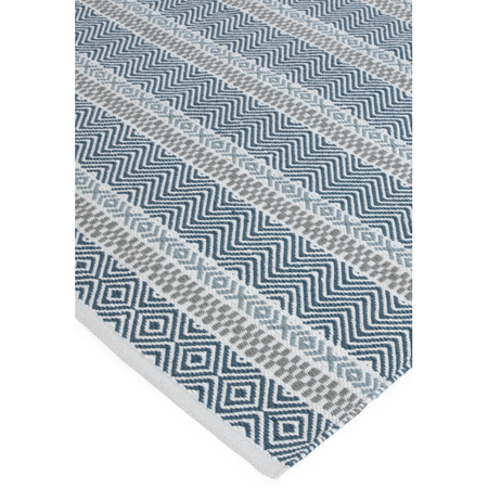 Blue stripe rug styled in garden space

